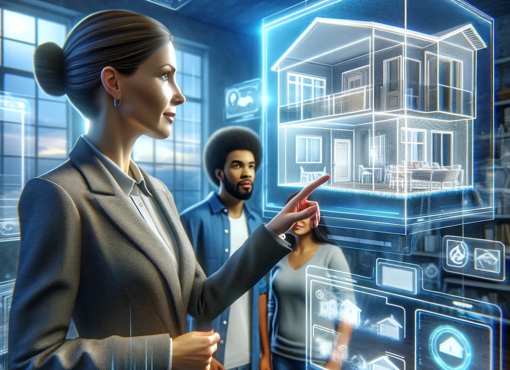 A drawing of a real estate agent who is showing an apartment to a young couple in a digital space.