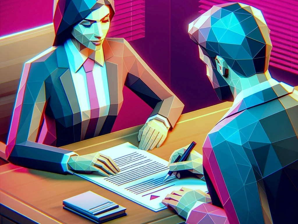 A client and a software developer signing a contract in a professional office environment, presented in a 3D low polygon style and highlighted with vibrant pink and bright yellow colors.