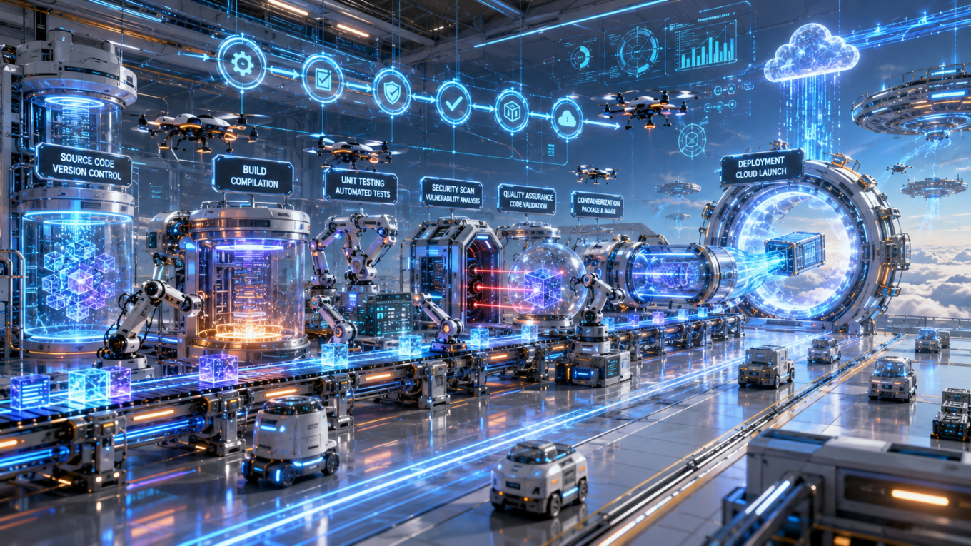 CI/CD Pipeline Explained illustrating automated software development, continuous integration, continuous deployment, DevOps automation, testing, and cloud application delivery.