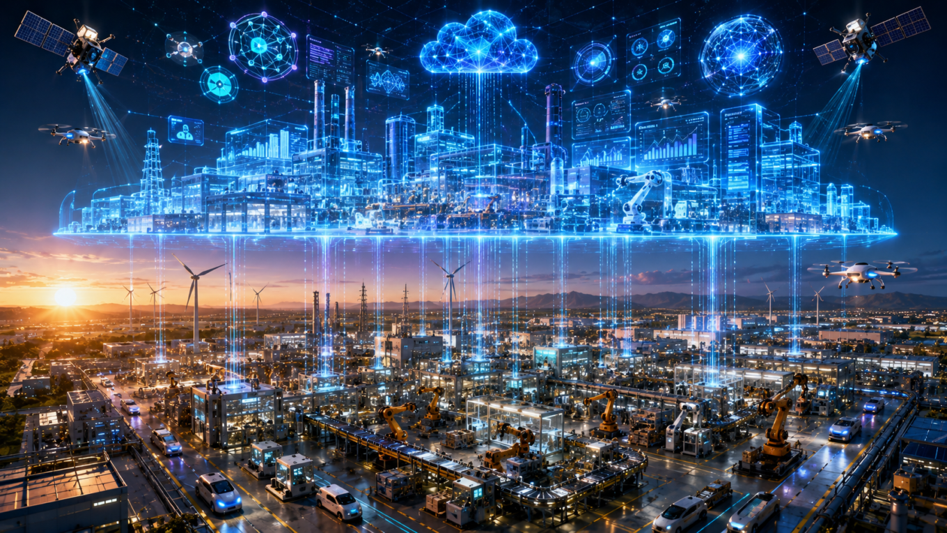 Digital Twin Technology Explained illustrating a real-world smart factory synchronized with a glowing virtual digital twin using AI, IoT sensors, cloud computing, and real-time data visualization.